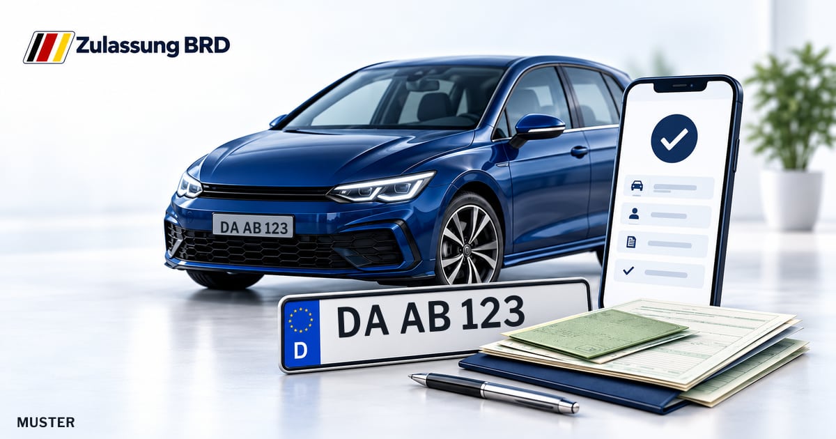 Online Fahrzeugzulassung in Schaafheim: Musterkennzeichen DA AB 123, Auto und Fahrzeugpapiere und Smartphone. Illustration mit Logo von Zulassung BRD.